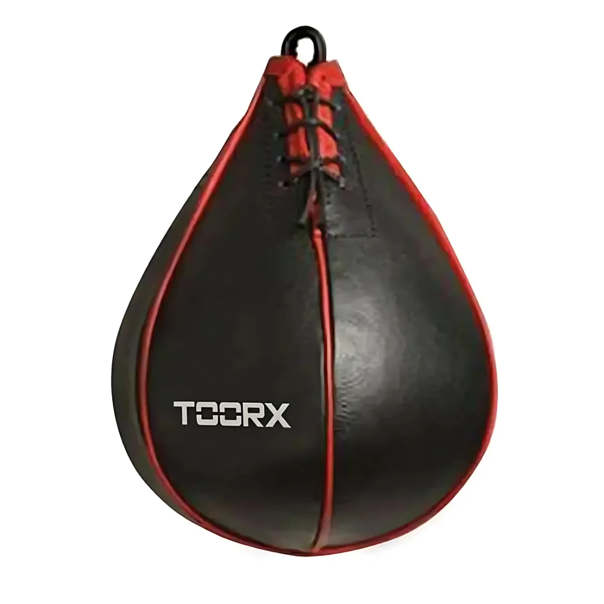 Black and red teardrop-shaped speed bag with logo.