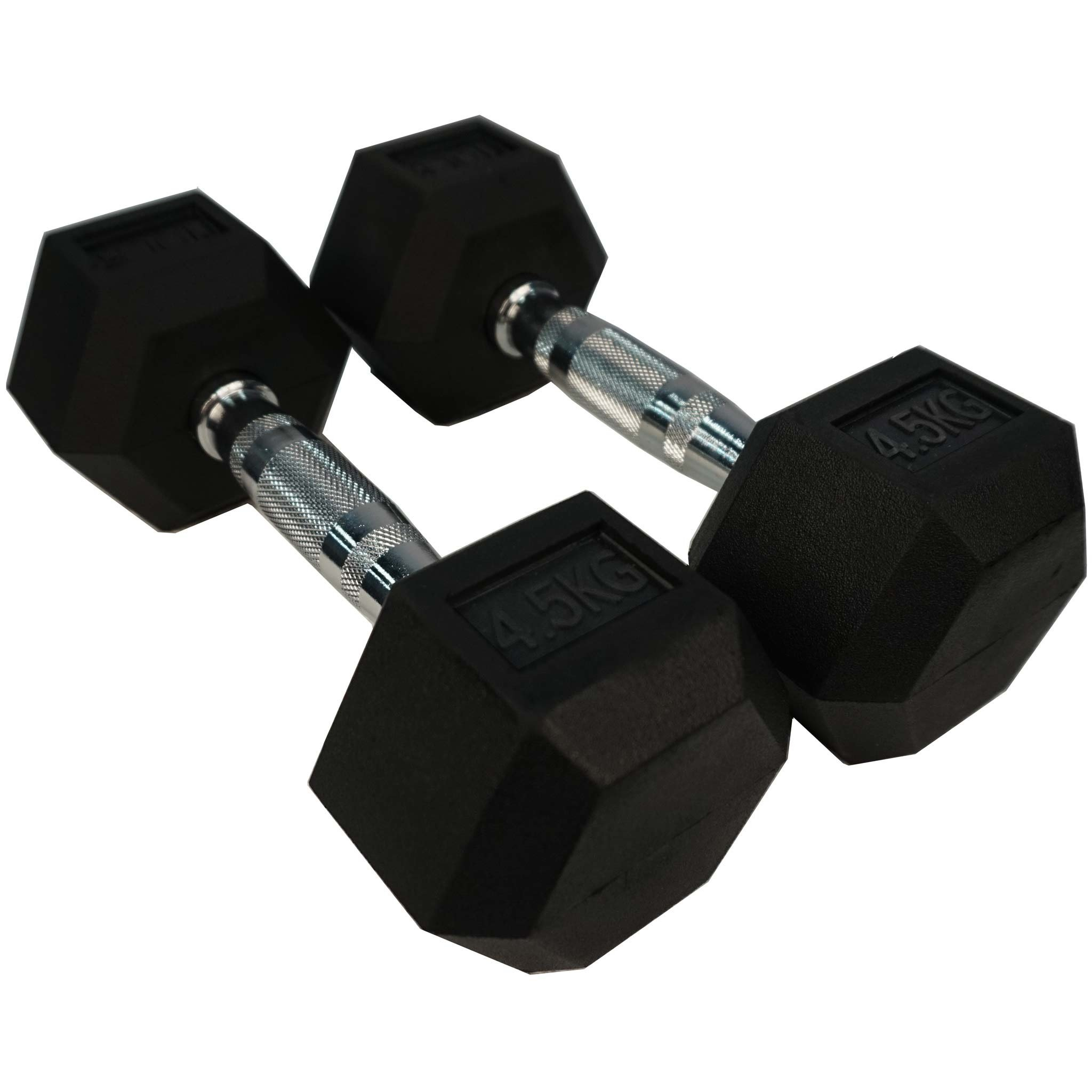 Twee zwarte 4,5KG dumbbells. Zeshoekige vorm. Chromen handgrepen. Witte achtergrond.