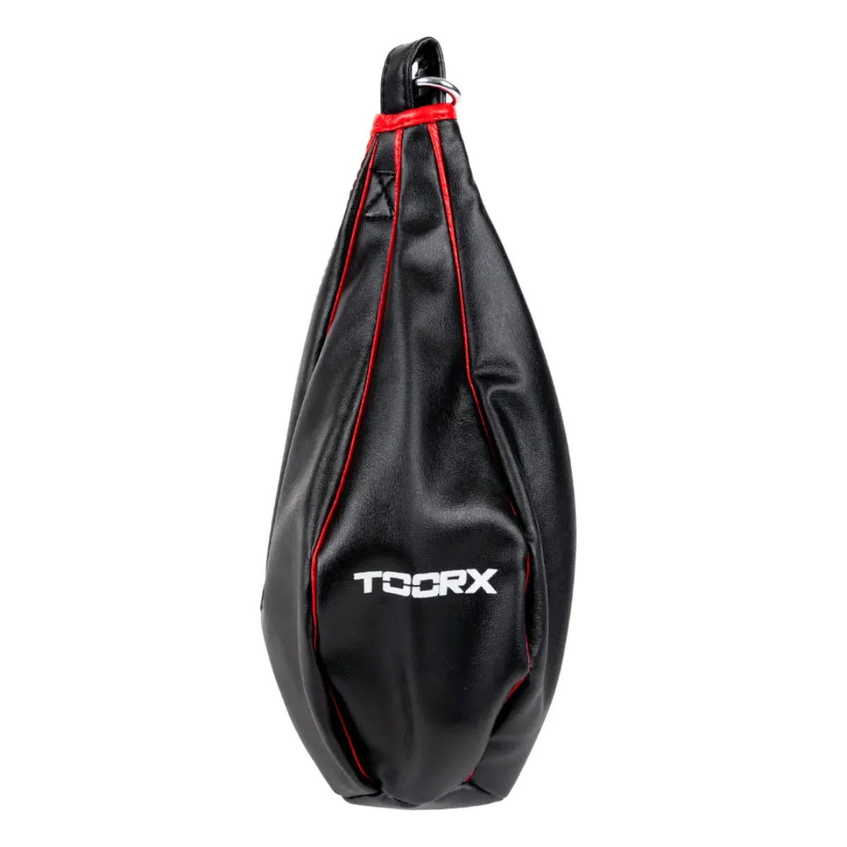 Black teardrop-shaped punching bag with red trim and white TOORX text.