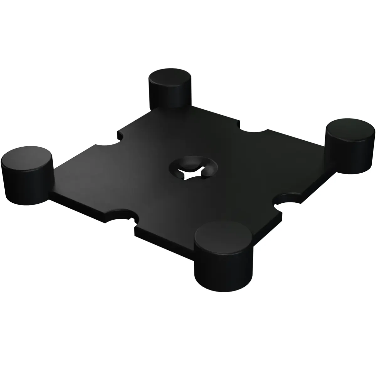 Black metal square base with four cylindrical feet and a center hole.