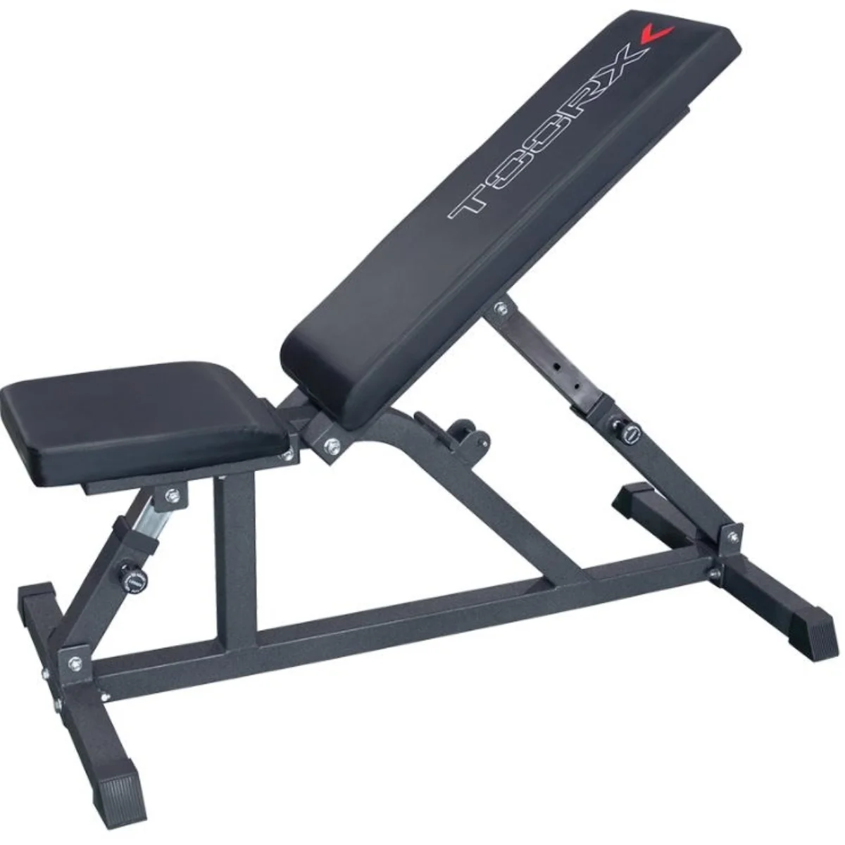 Adjustable weight bench. Black frame, black seat and back, red TOORX logo.