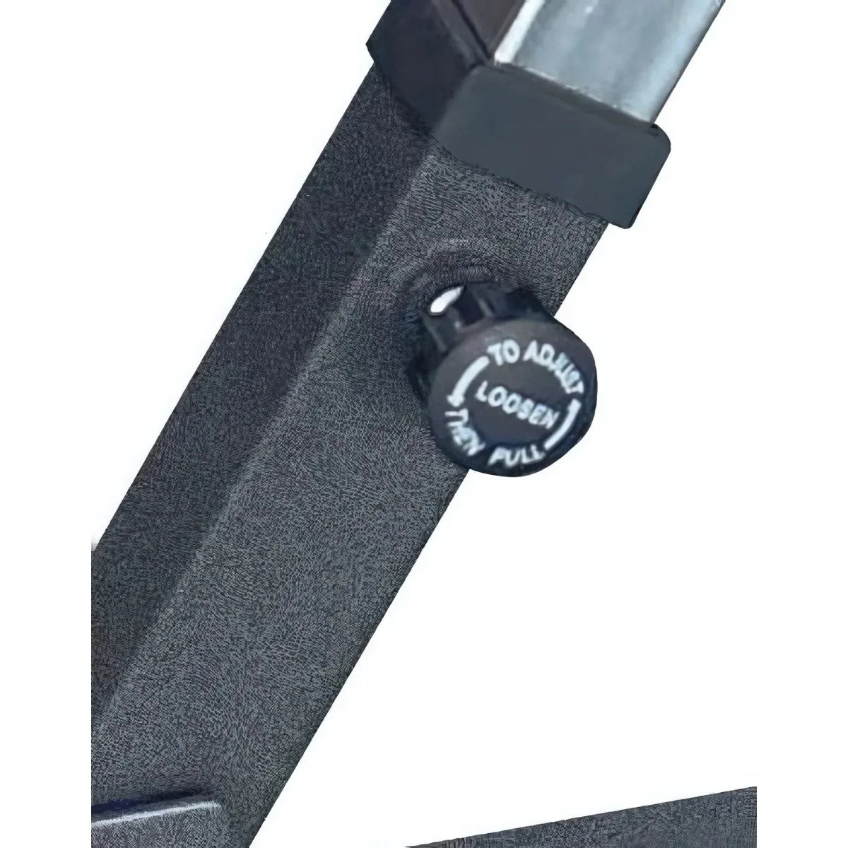 Close-up view of a black adjustment knob on an exercise machine, with text.