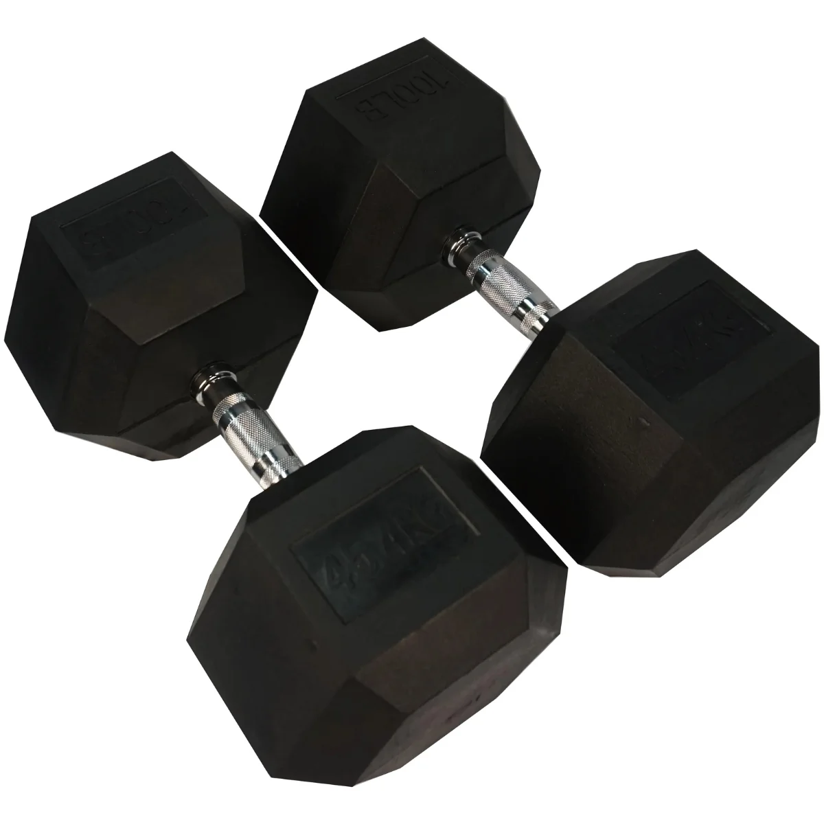 Twee zwarte dumbbells. Elk is zeshoekig met een handvat met 100LBS erop.