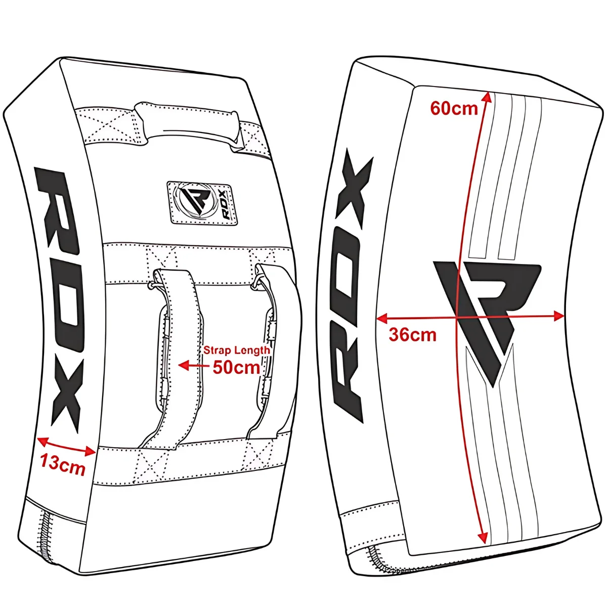 Diagram of two RDX kick shields. Dimensions are labeled, including strap length, height, and width.