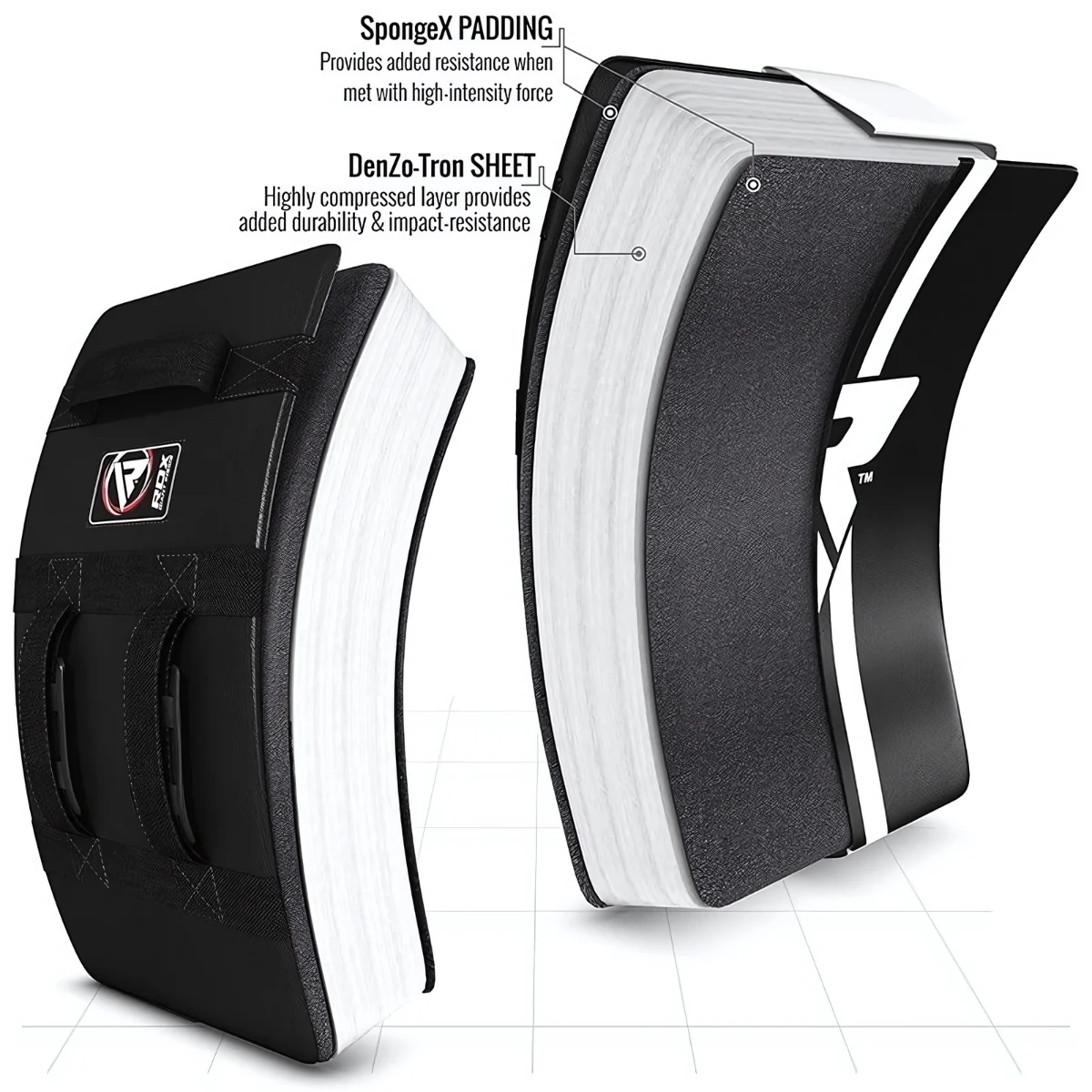 Two black and white boxing pads. One is cutaway, showing layers: padding, Denzo-Tron sheet.