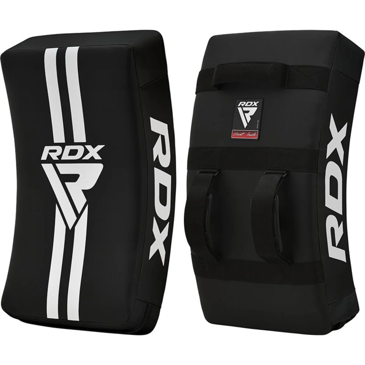 Two black and white RDX boxing pads with white stripes and the RDX logo visible.