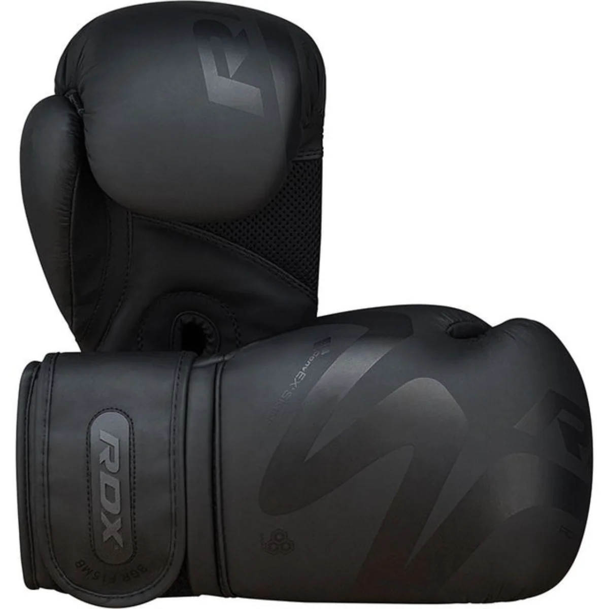 Black boxing gloves. The gloves have the RDX logo. Background is white.