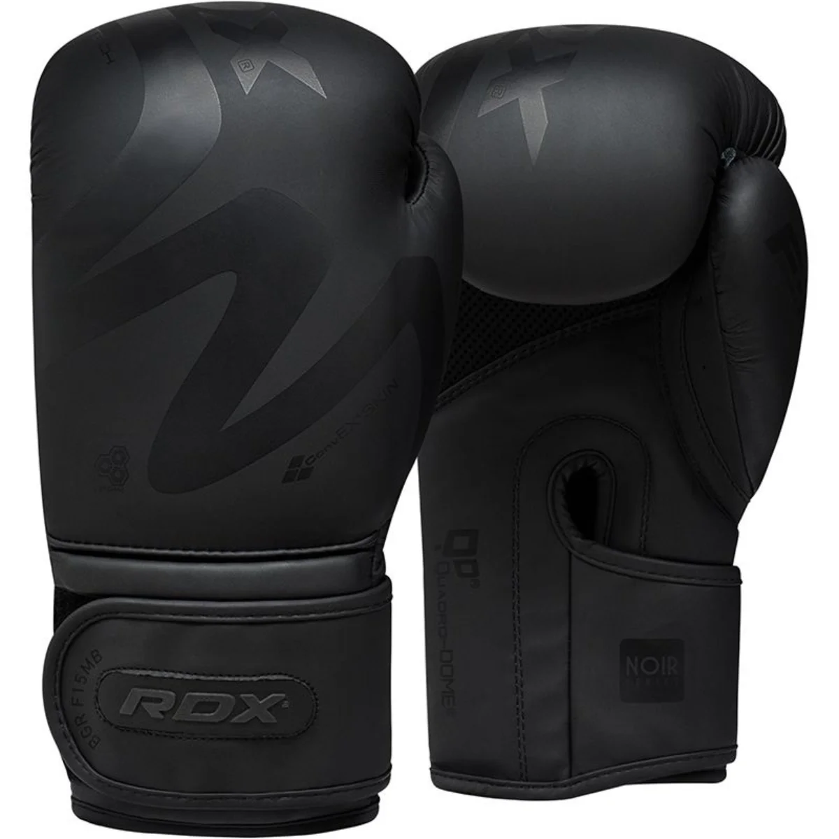 Two black boxing gloves, with RDX and Convex Skin written.