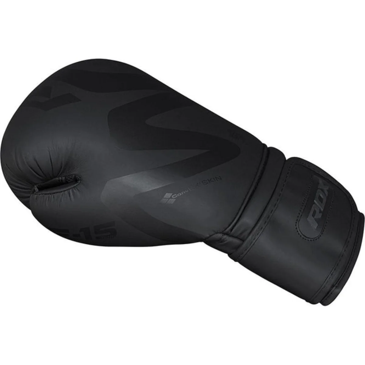 A black boxing glove, showing the back side.