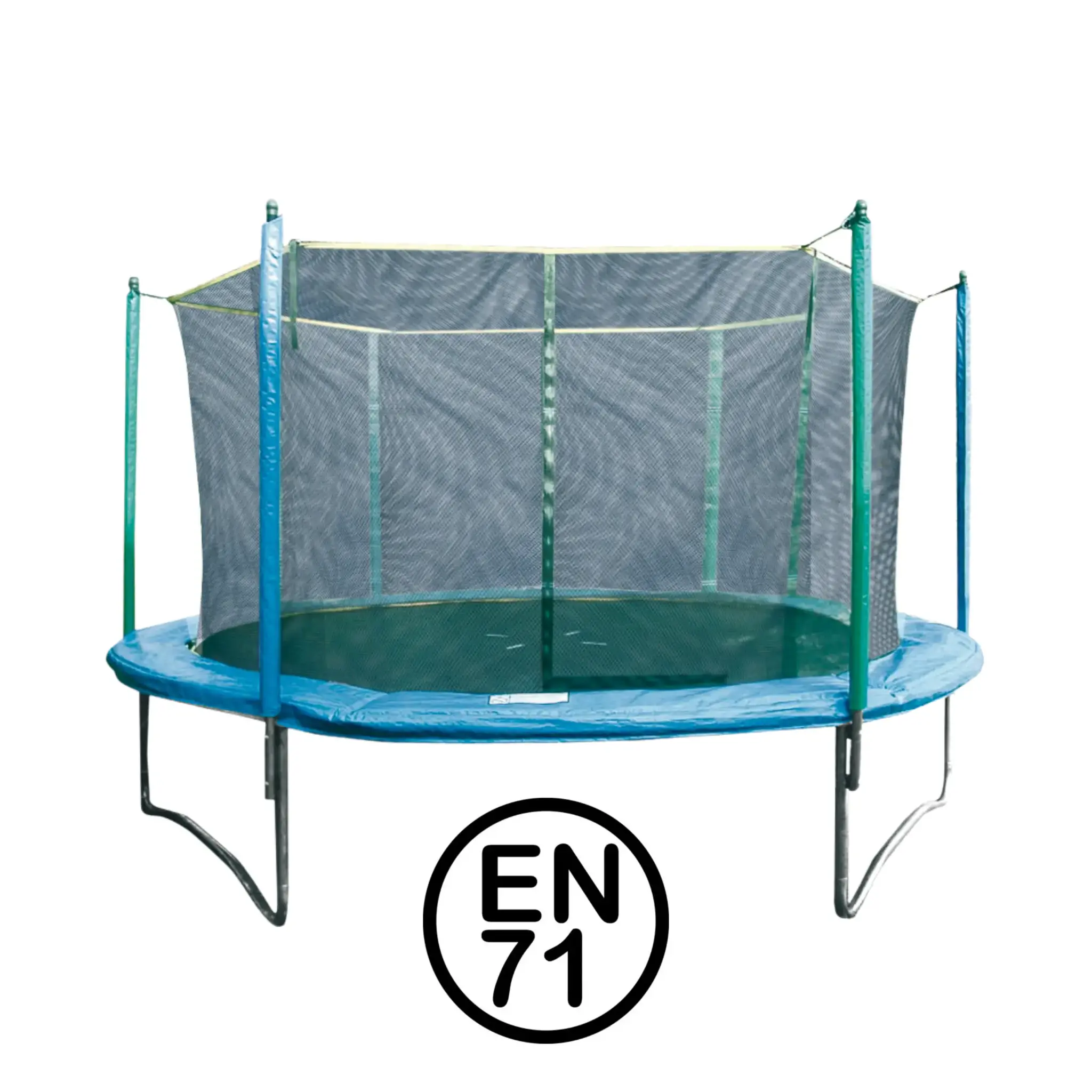 Blauwe trampoline met een veiligheidsnet. De trampoline heeft groene en blauwe elementen.