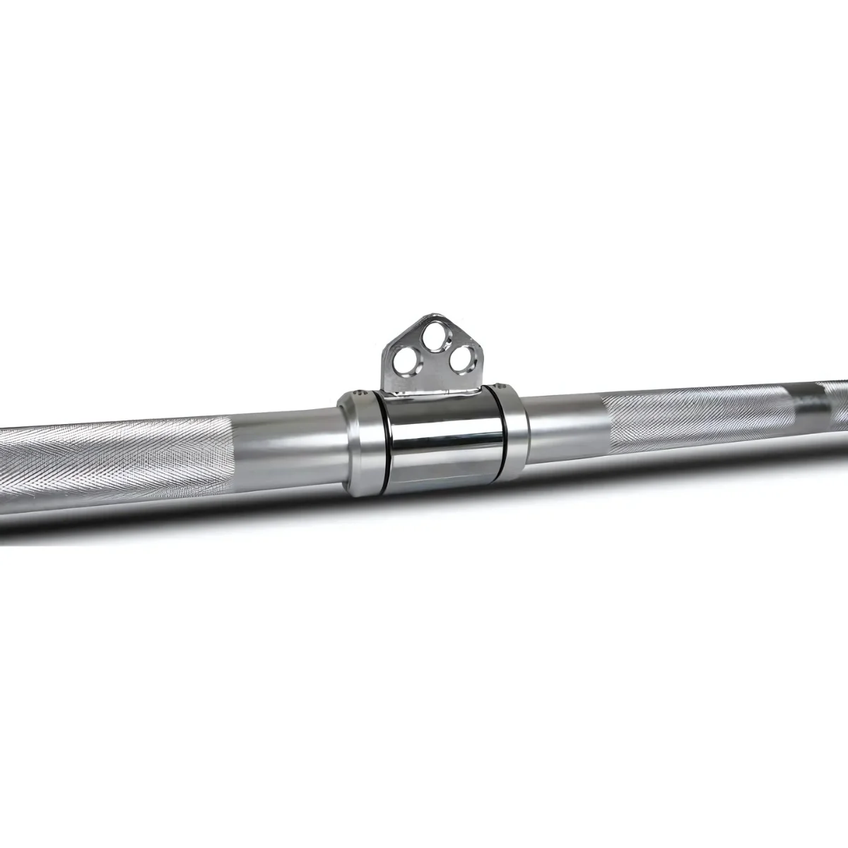 A silver lat pull down bar. It is on a white background. It is for the gym.
