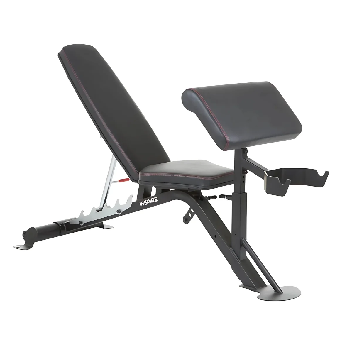 Black weight bench with arm curl support. Black with red stitching.
