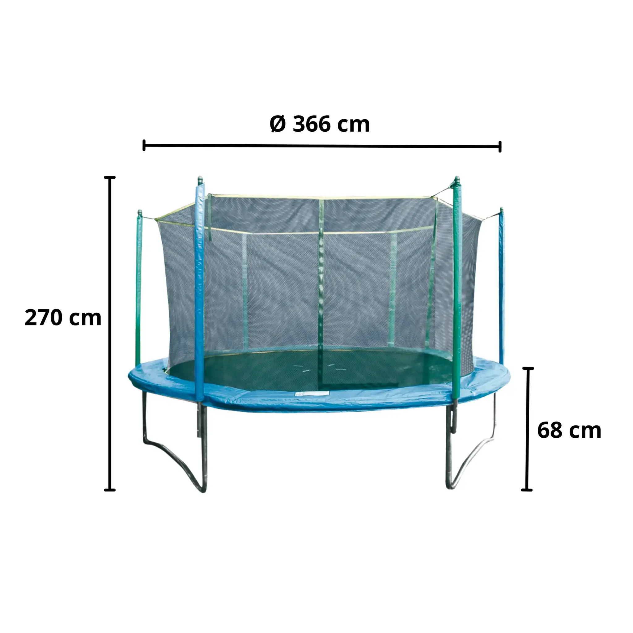 Een blauwe en groene trampoline met afmetingen op een witte achtergrond.