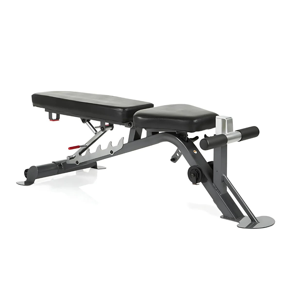 Adjustable exercise bench, black and gray, on a white backdrop.