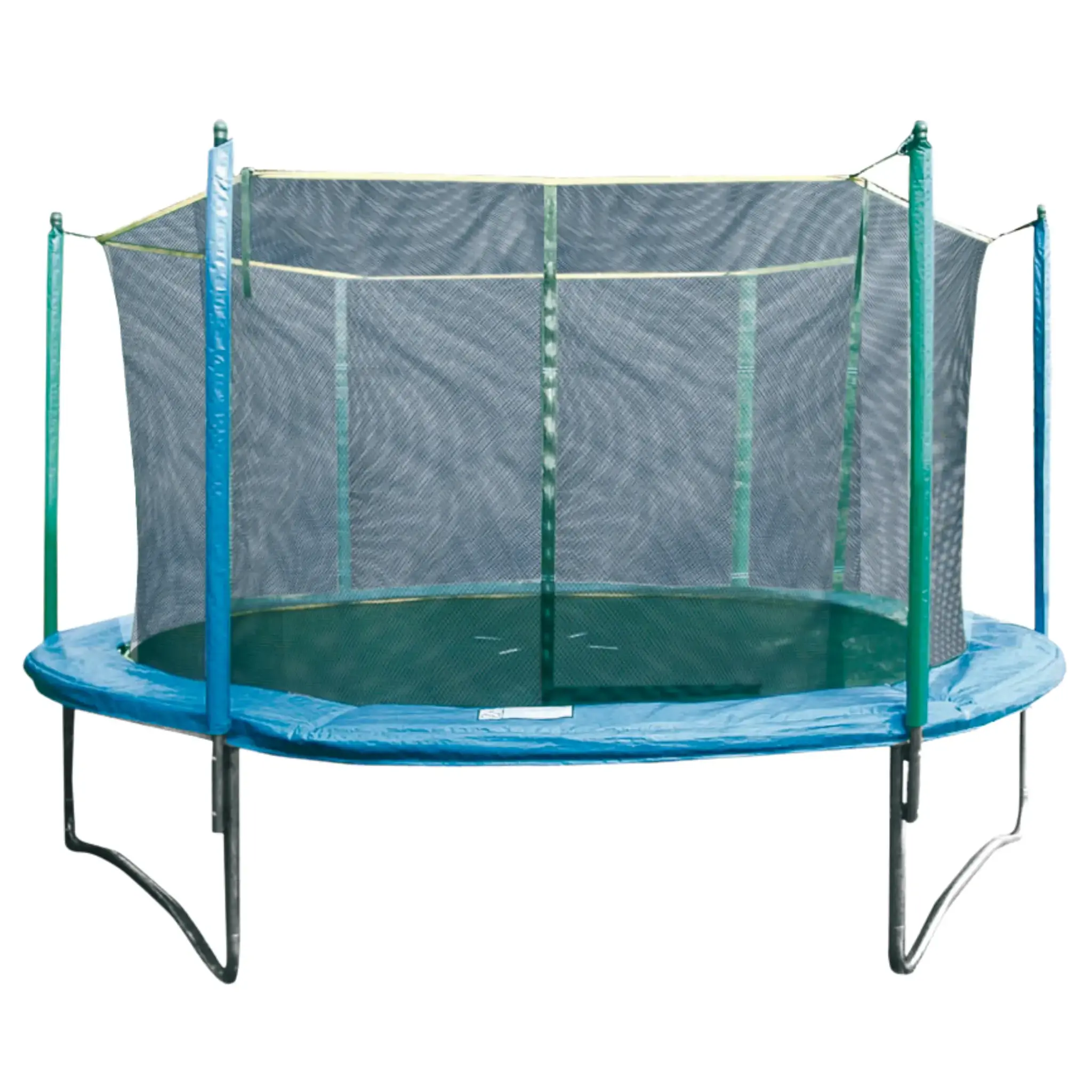 Blauwe en groene trampoline met veiligheidsnet op wit.