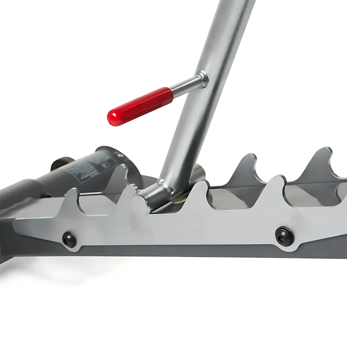 Gym equipment rack with a red handle and silver metal support.