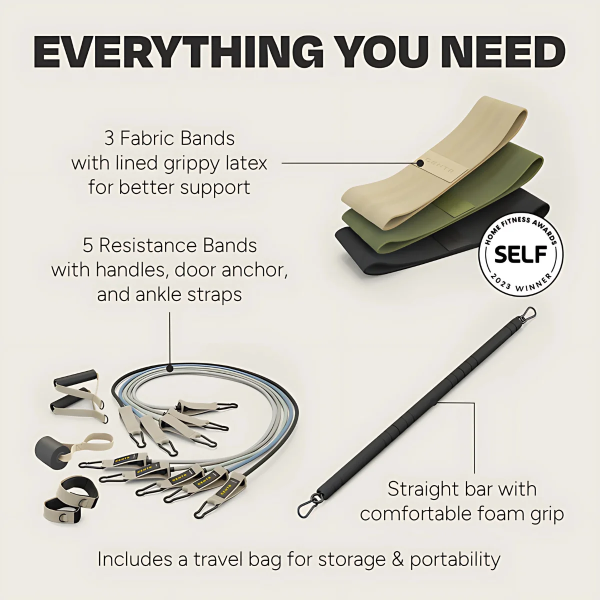Fitness set with bands, bar, and bag, with text and logo. White background.