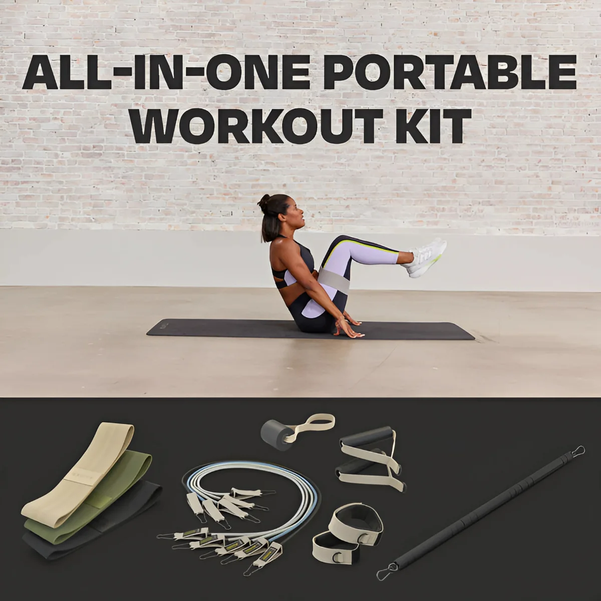 A woman in workout kit does a sit-up. Workout kit is displayed below.