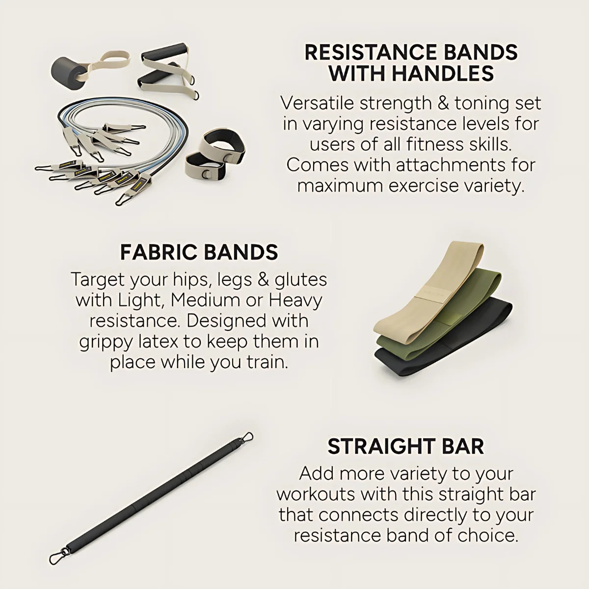 Fitness equipment set including resistance bands, fabric bands, and a straight bar.