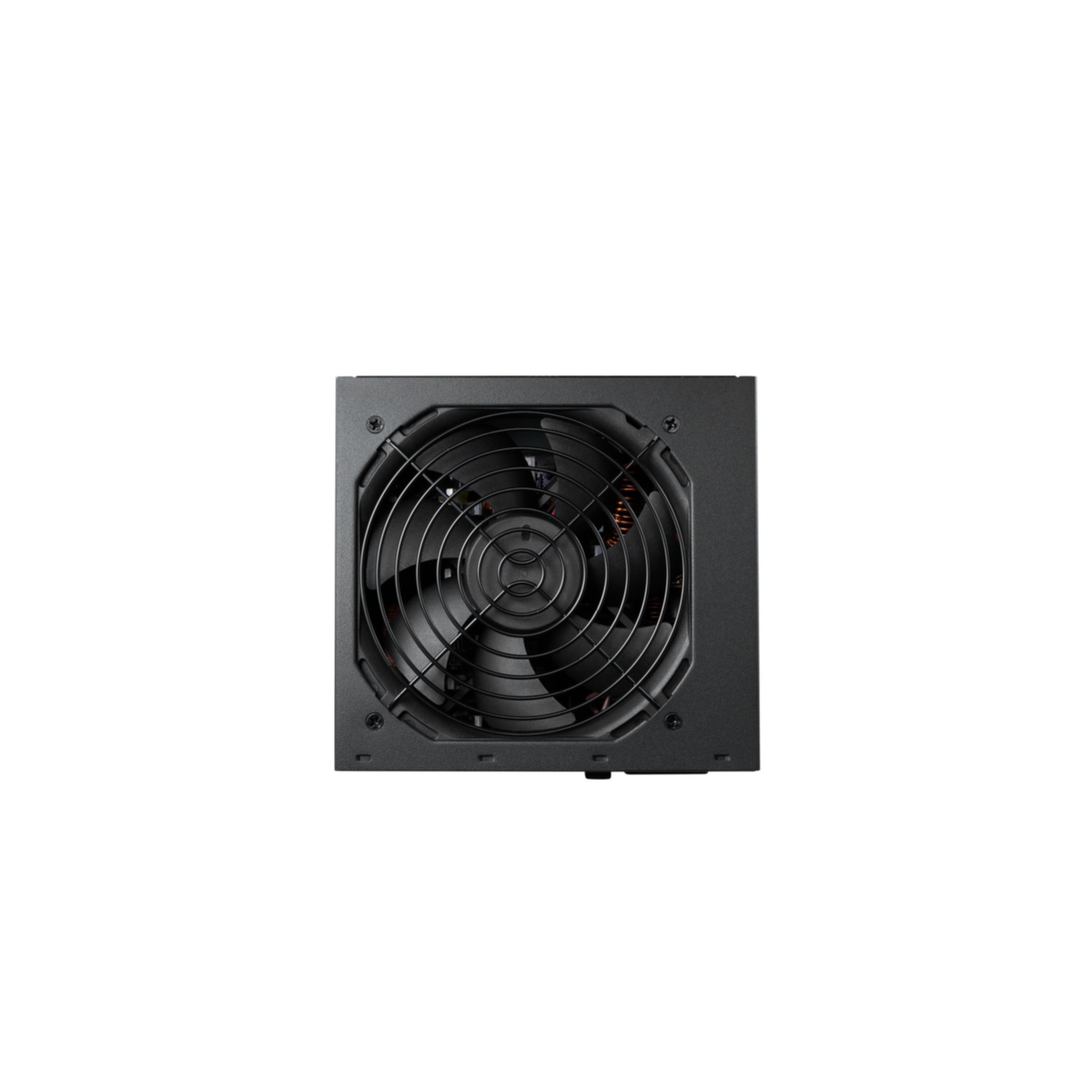 Czarny zasilacz komputerowy z wentylatorem. Jest kwadratowy z metalową kratką zakrywającą wentylator.
