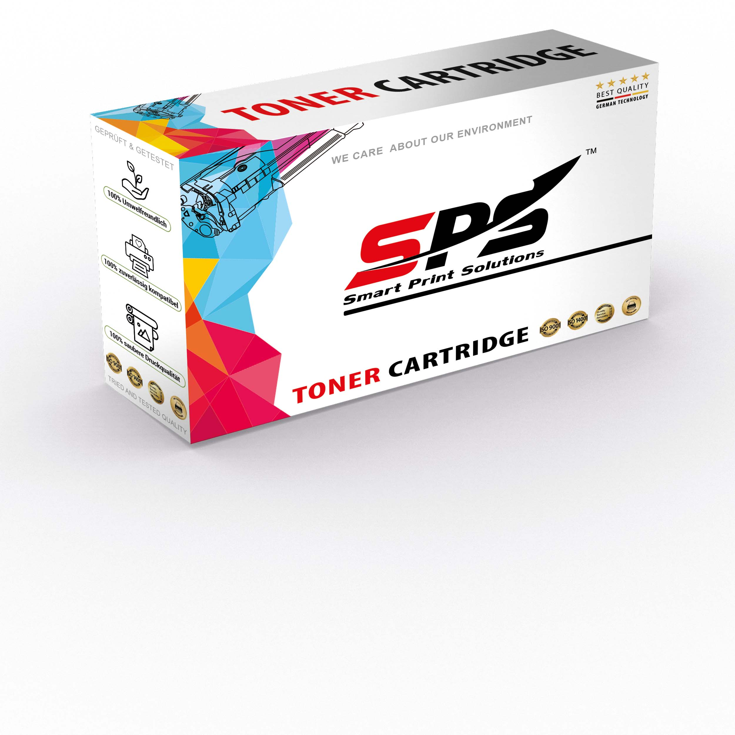 Eine weiße und bunte Box mit der Aufschrift 'TONER CARTRIDGE' mit einem Druckerbild und Logos.