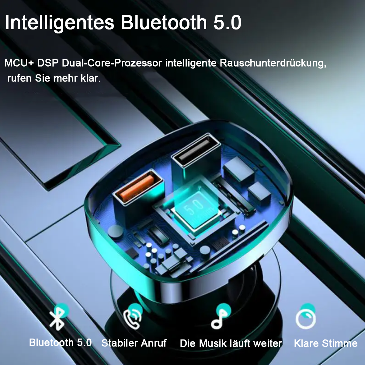 Eine Nahaufnahme einer Platine mit blauem Leuchten, mit Text darüber und Symbolen darunter.
