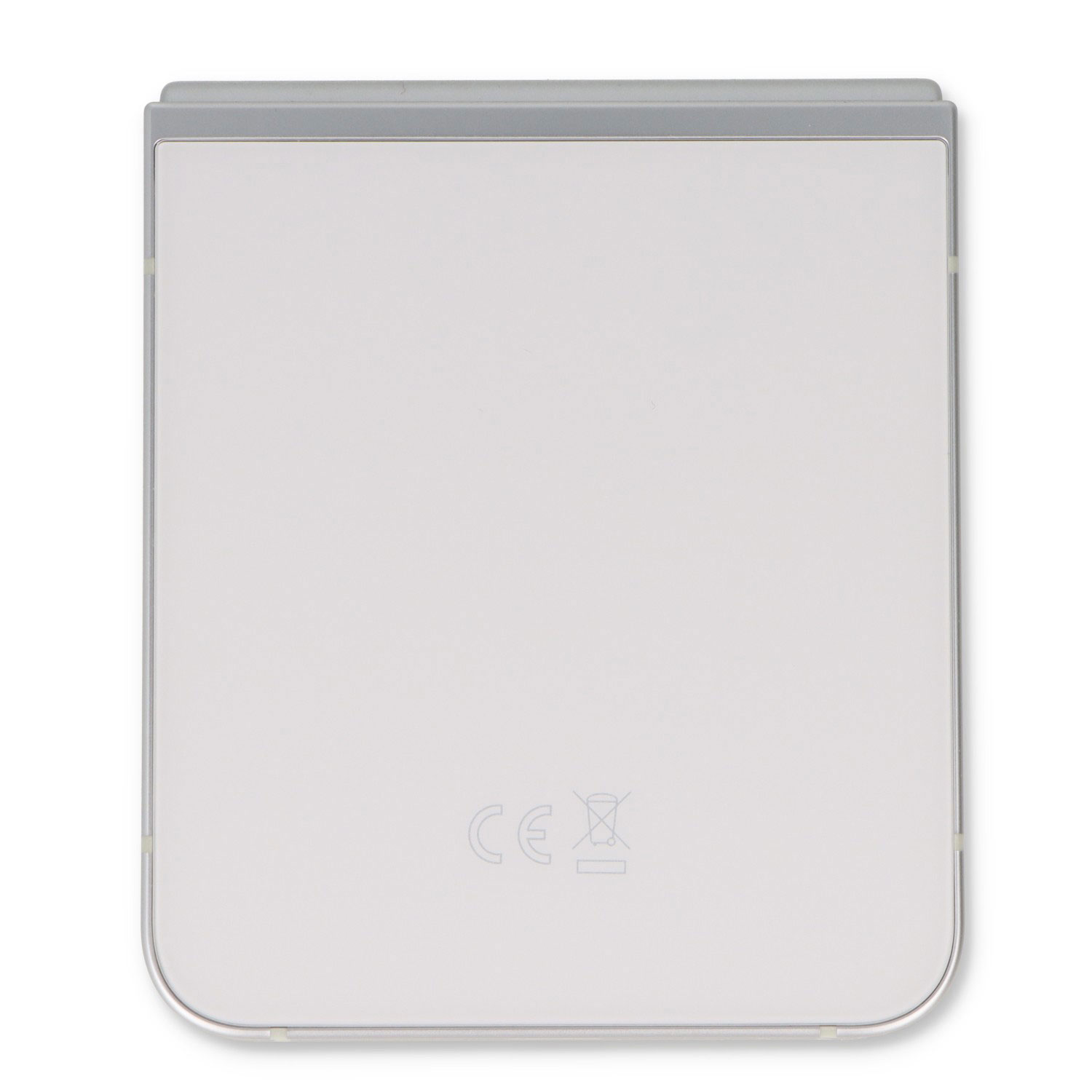 Biały kwadratowy obiekt z szarą obwódką i znakiem CE. Widok z tyłu urządzenia.