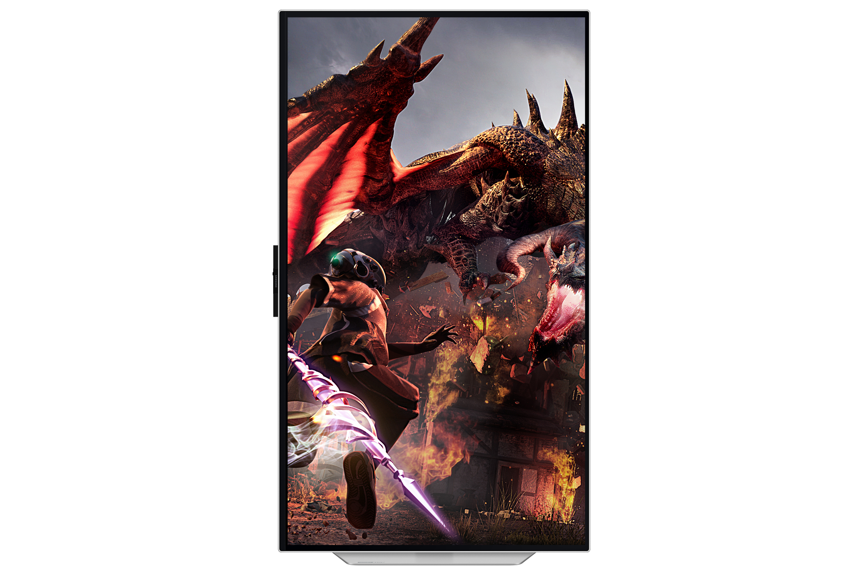 Ekran telewizora pokazujący scenę z gry, z wojownikiem walczącym ze smokiem.