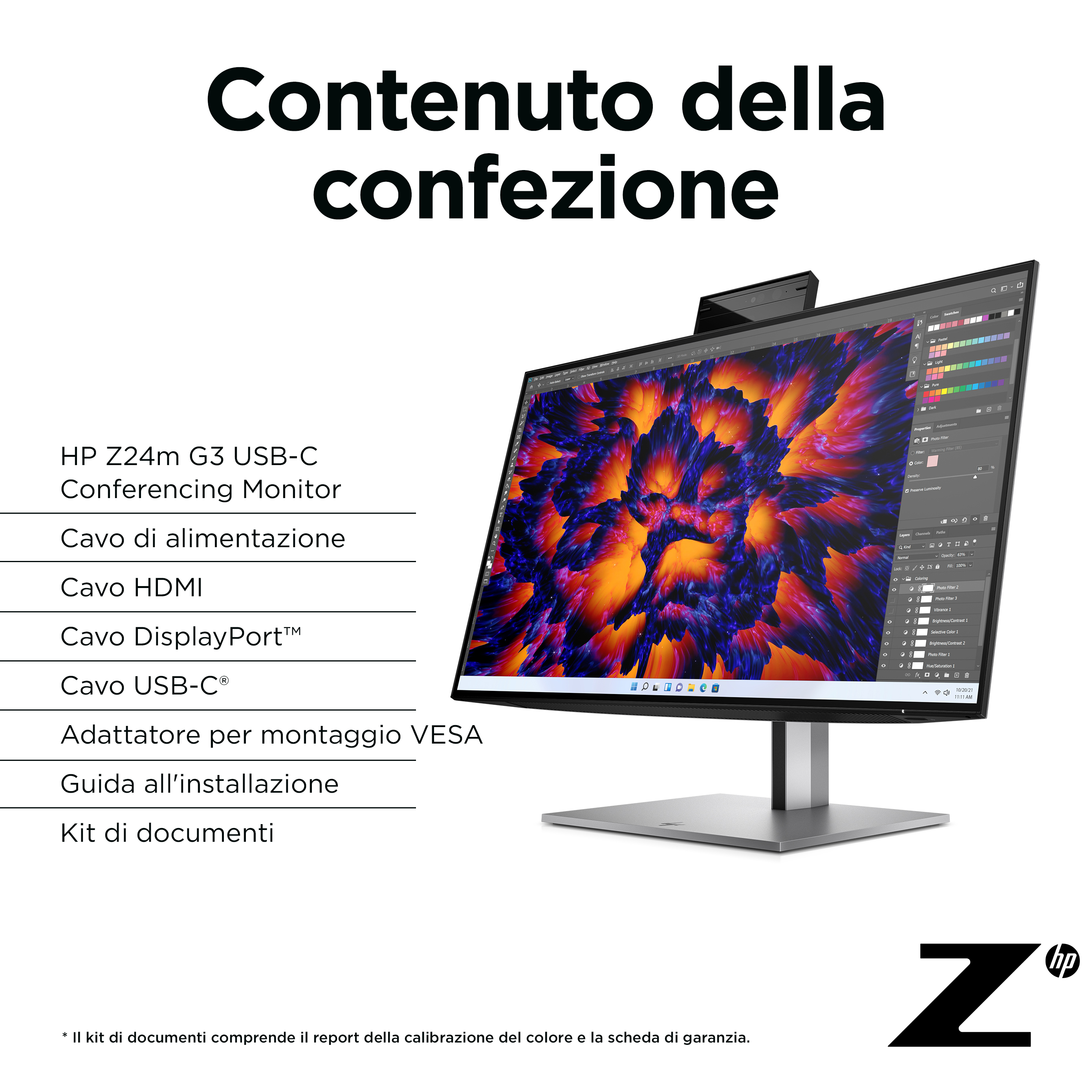 Zawartość pudełka z monitorem: monitor, kabel zasilający, kabel HDMI, kabel DisplayPort, kabel USB-C, adapter VESA.