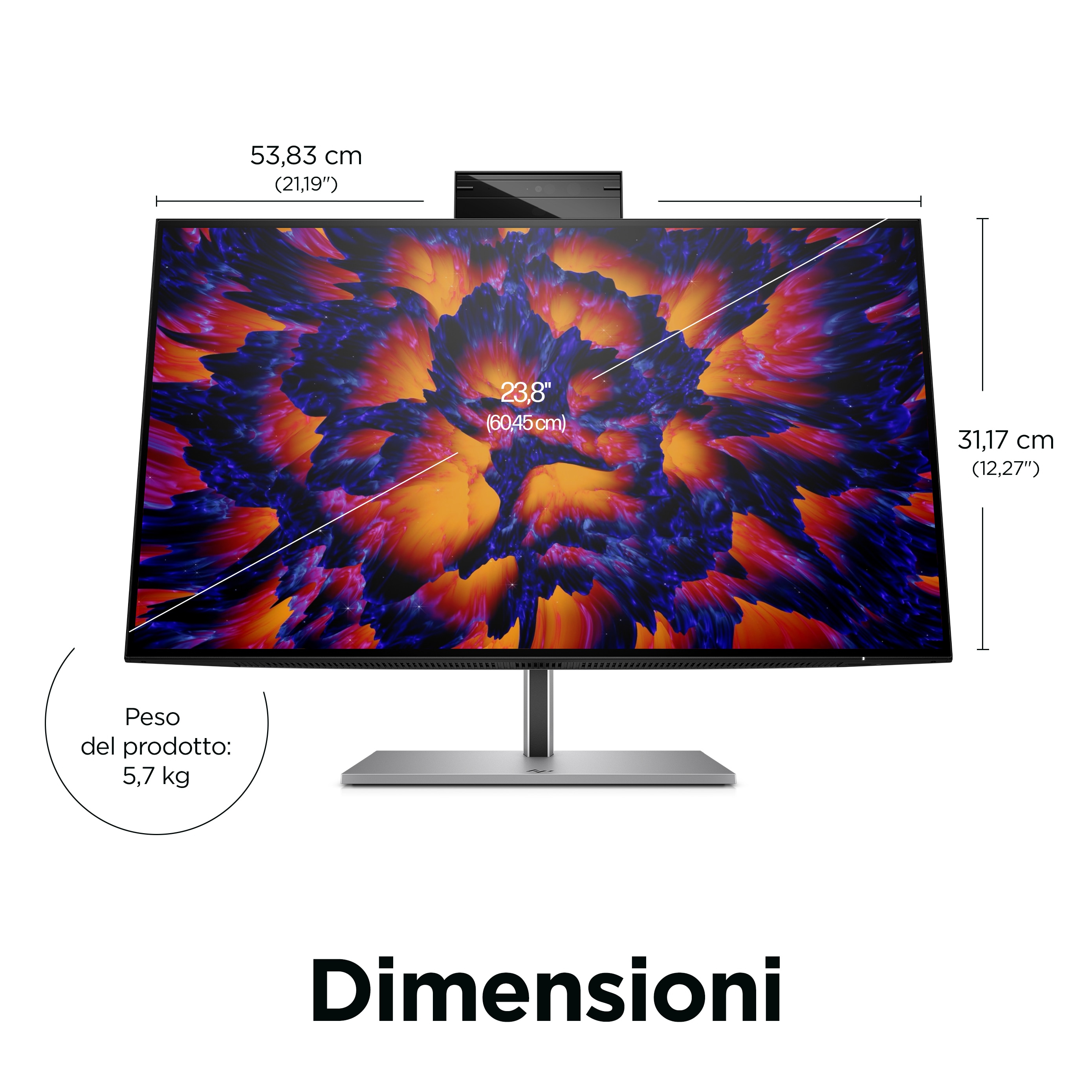 Monitor komputera z wyświetlonymi wymiarami. Ma kamerę na górze i podstawkę.