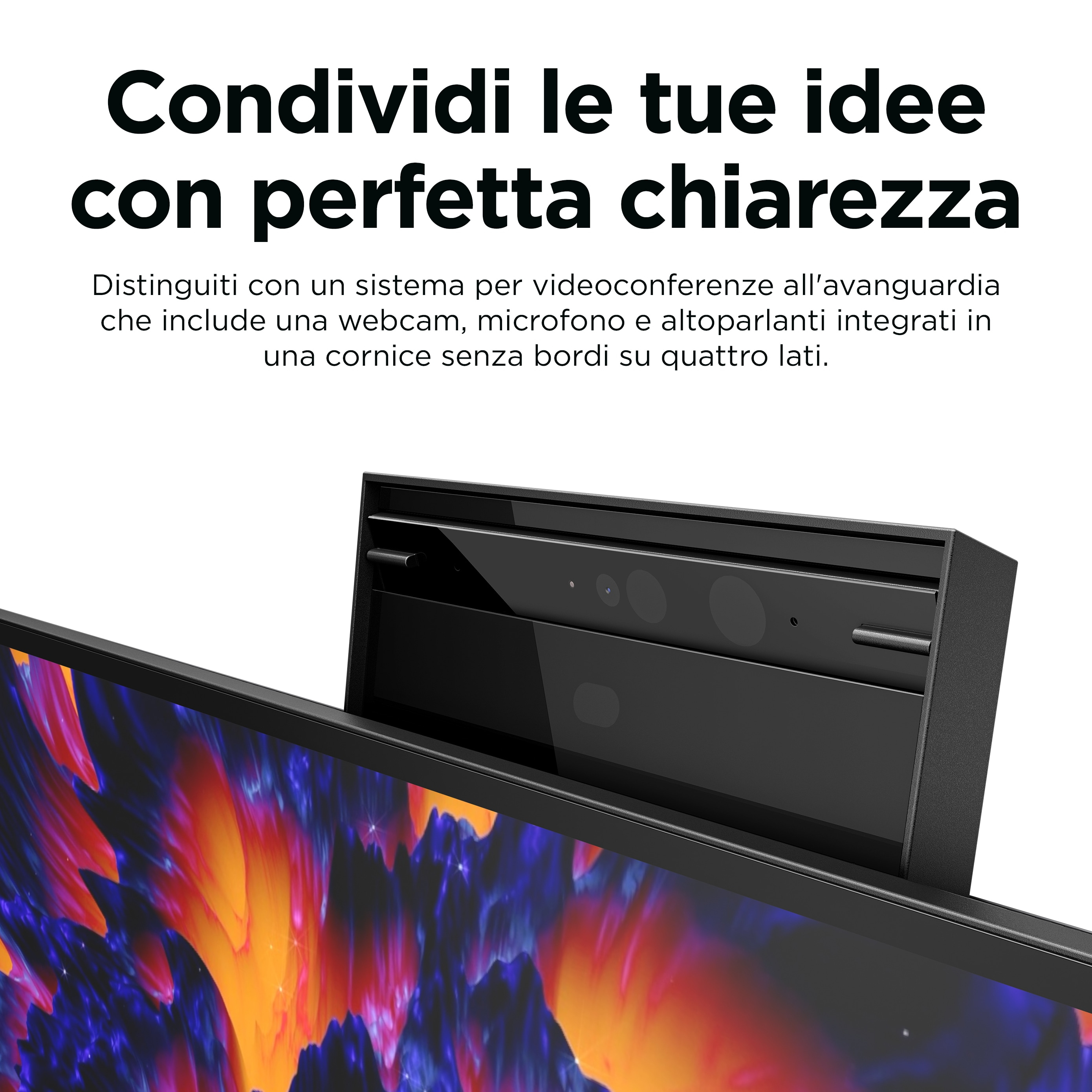 Zbliżenie czarnego monitora z kamerą internetową i mikrofonem, z tekstem powyżej.