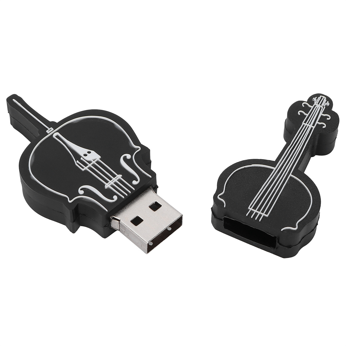 Schwarzer USB-Stick in Geigenform. Weiße Kontur. Weißer Hintergrund.