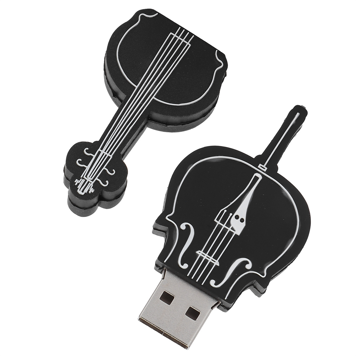 Schwarze USB-Laufwerke in Form eines Cellos und einer Geige. Der Hintergrund ist weiß.