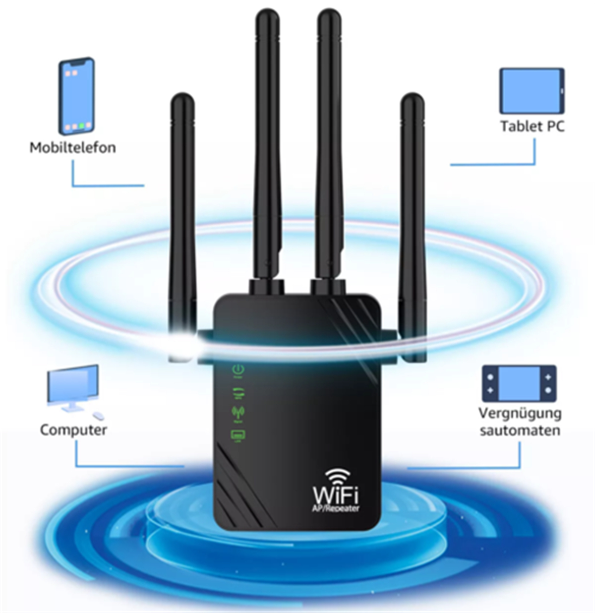 Ein schwarzer WLAN-Repeater mit Antennen, umgeben von Abbildungen verbundener Geräte.
