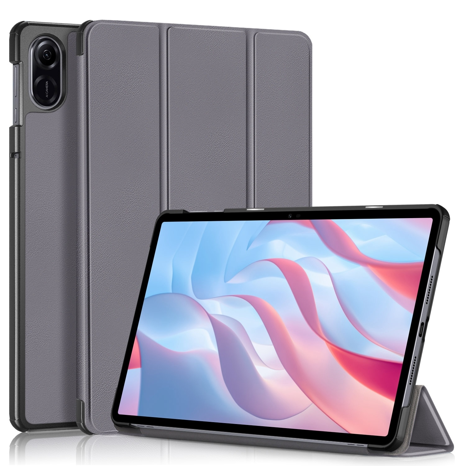 Tablet mit Hülle. Graue Hülle links. Tablet in der Hülle. Weißer Hintergrund.