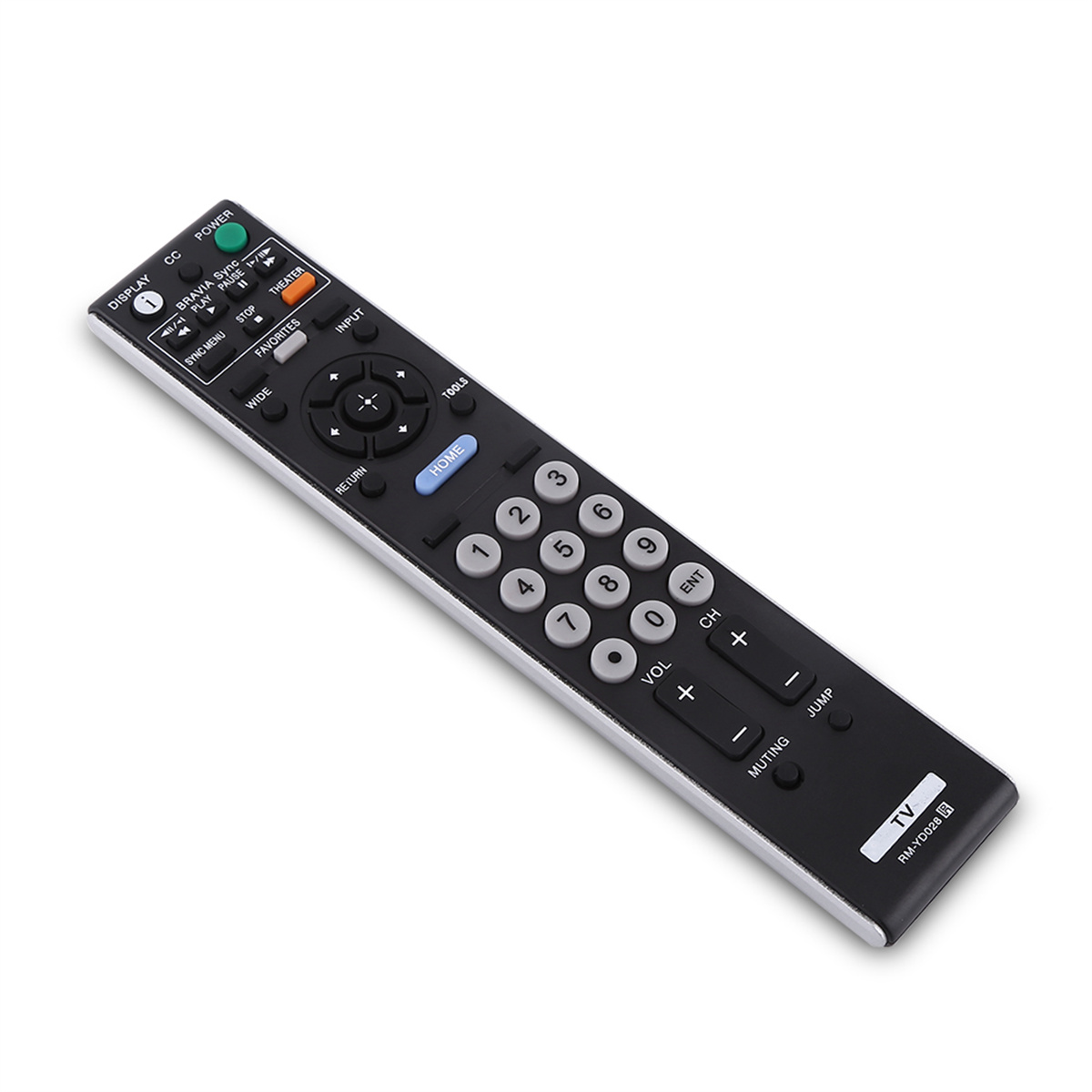 Eine schwarze TV-Fernbedienung mit mehreren Tasten. Die Fernbedienung liegt auf einer weißen Oberfläche.