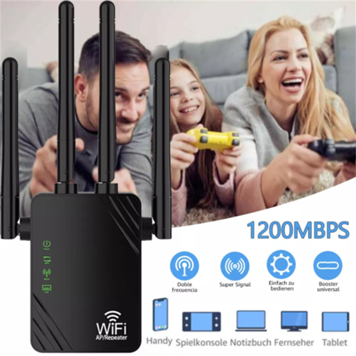 WLAN-Repeater mit Antennen und eine Familie, die Videospiele spielt. Text-Overlay: 1200MBPS und Symbole für verbundene Geräte.