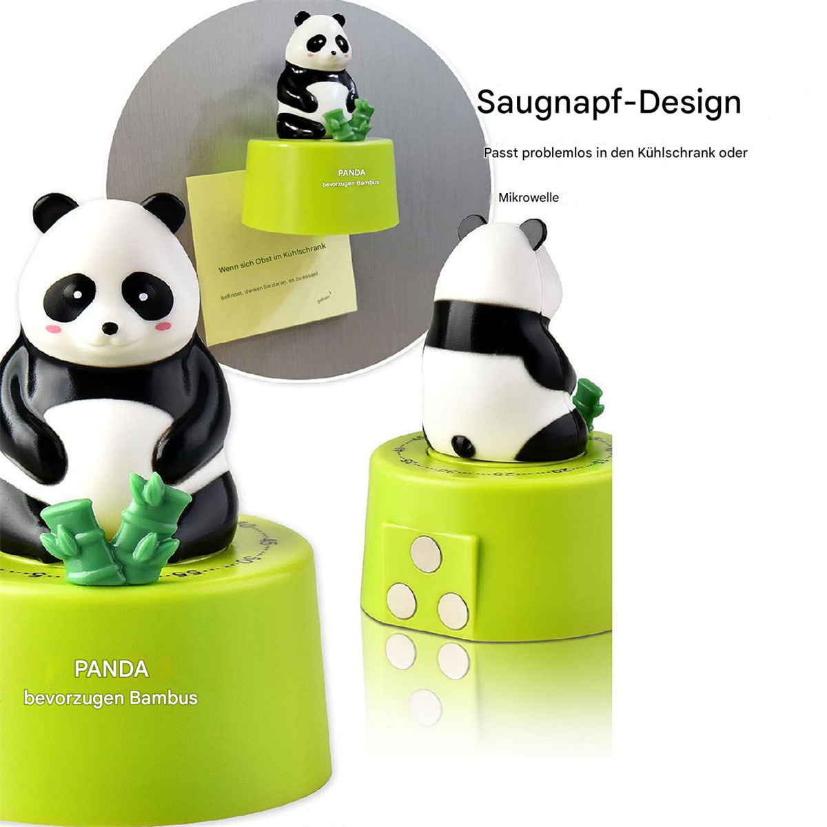 Panda-förmiger Timer und Magnete auf weißem Hintergrund. Grüner Sockel, schwarz-weißer Panda.