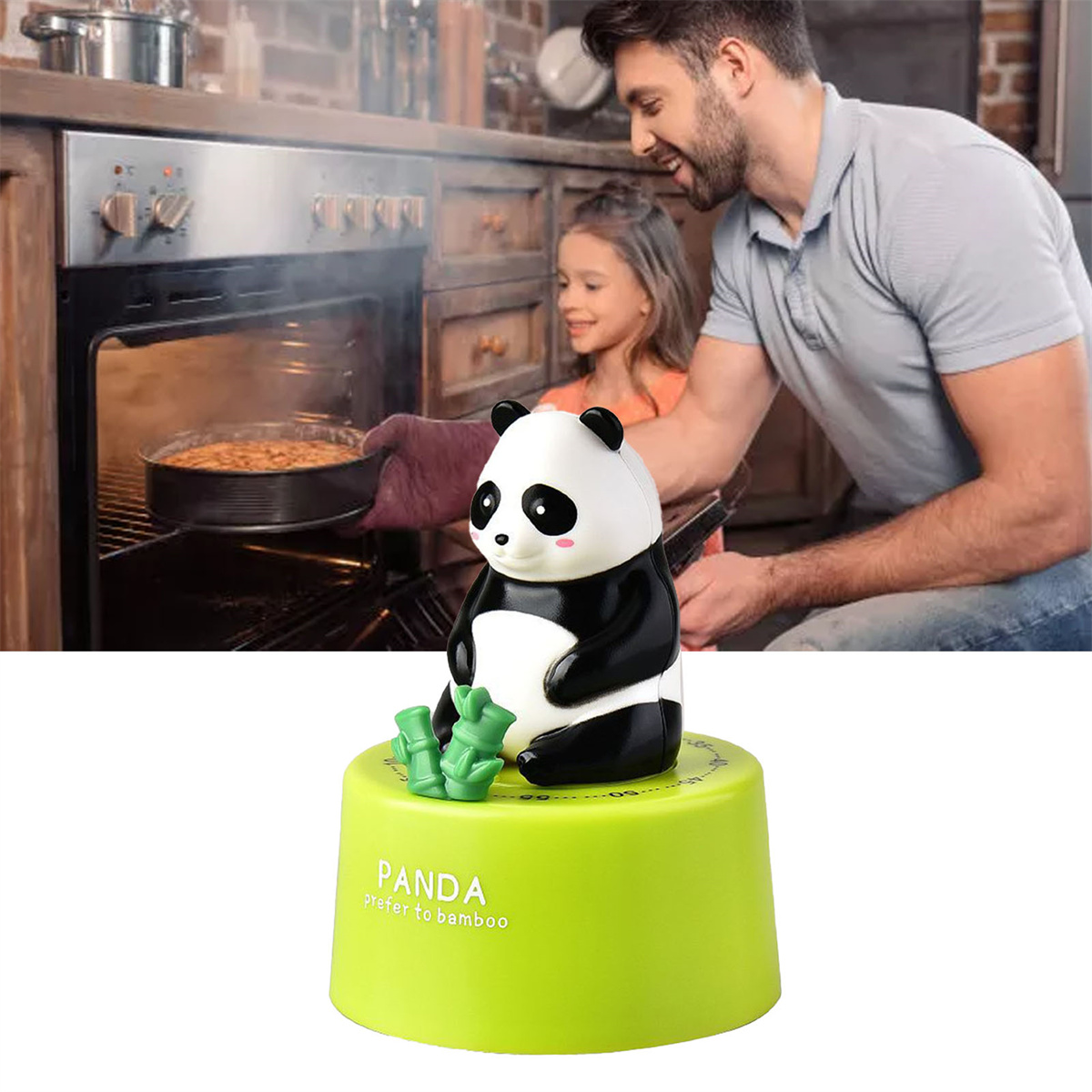 Ein Mann und ein Mädchen schauen in einen Ofen neben einem Panda-Timer.