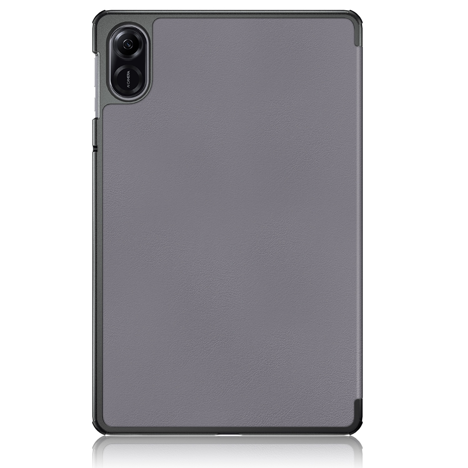 Graue Tablet-Hülle mit Kamera und reflektierender Oberfläche.
