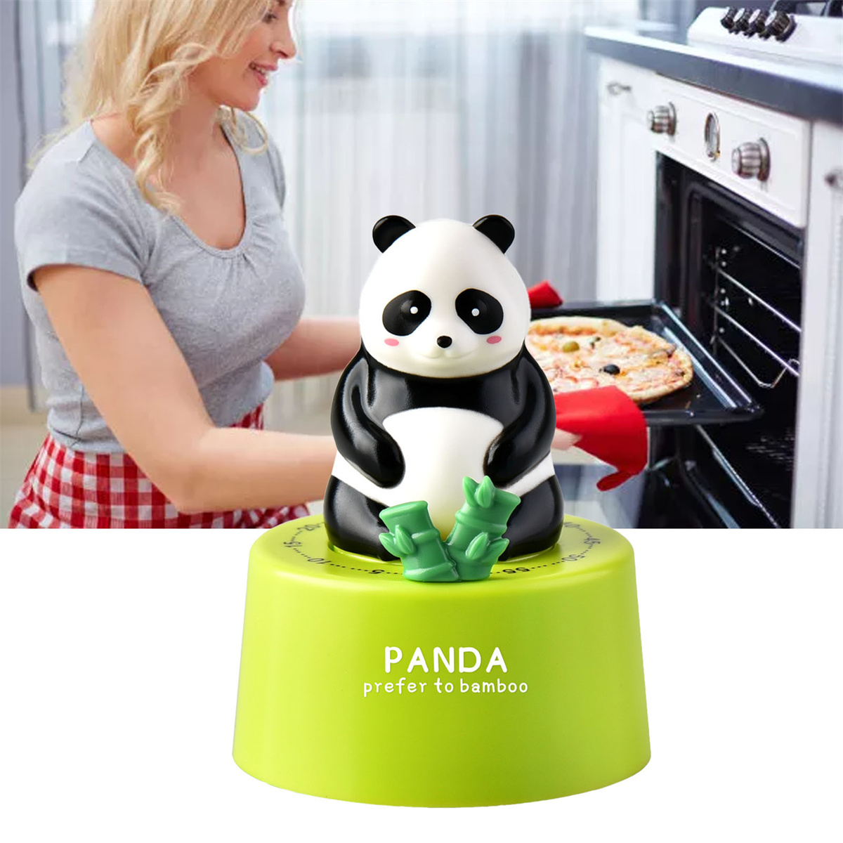 Eine Frau in der Nähe eines Ofens mit einem Panda-Timer auf grünem Sockel.