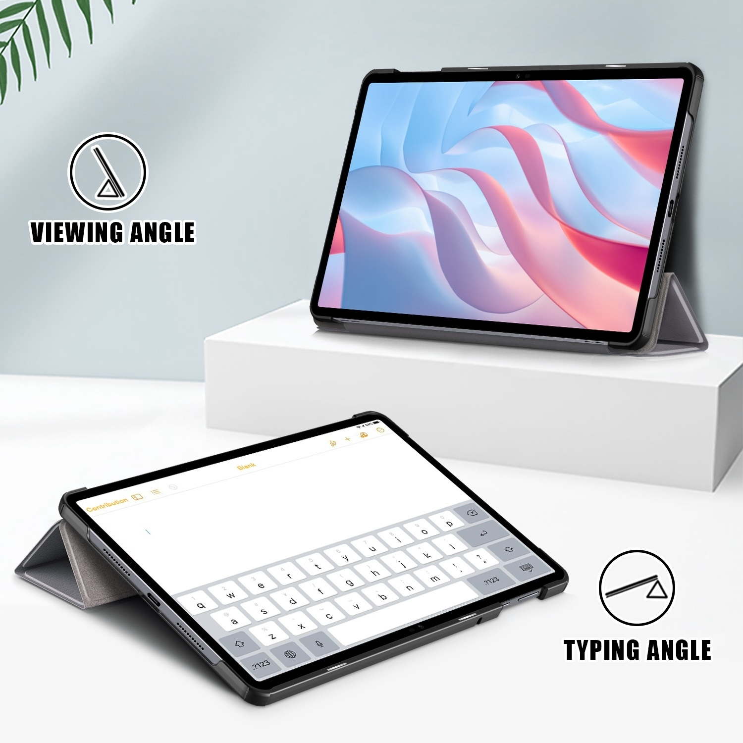 Ein Tablet in einer Hülle, dargestellt in Betrachtungs- und Tippwinkeln, mit Textbeschriftungen.
