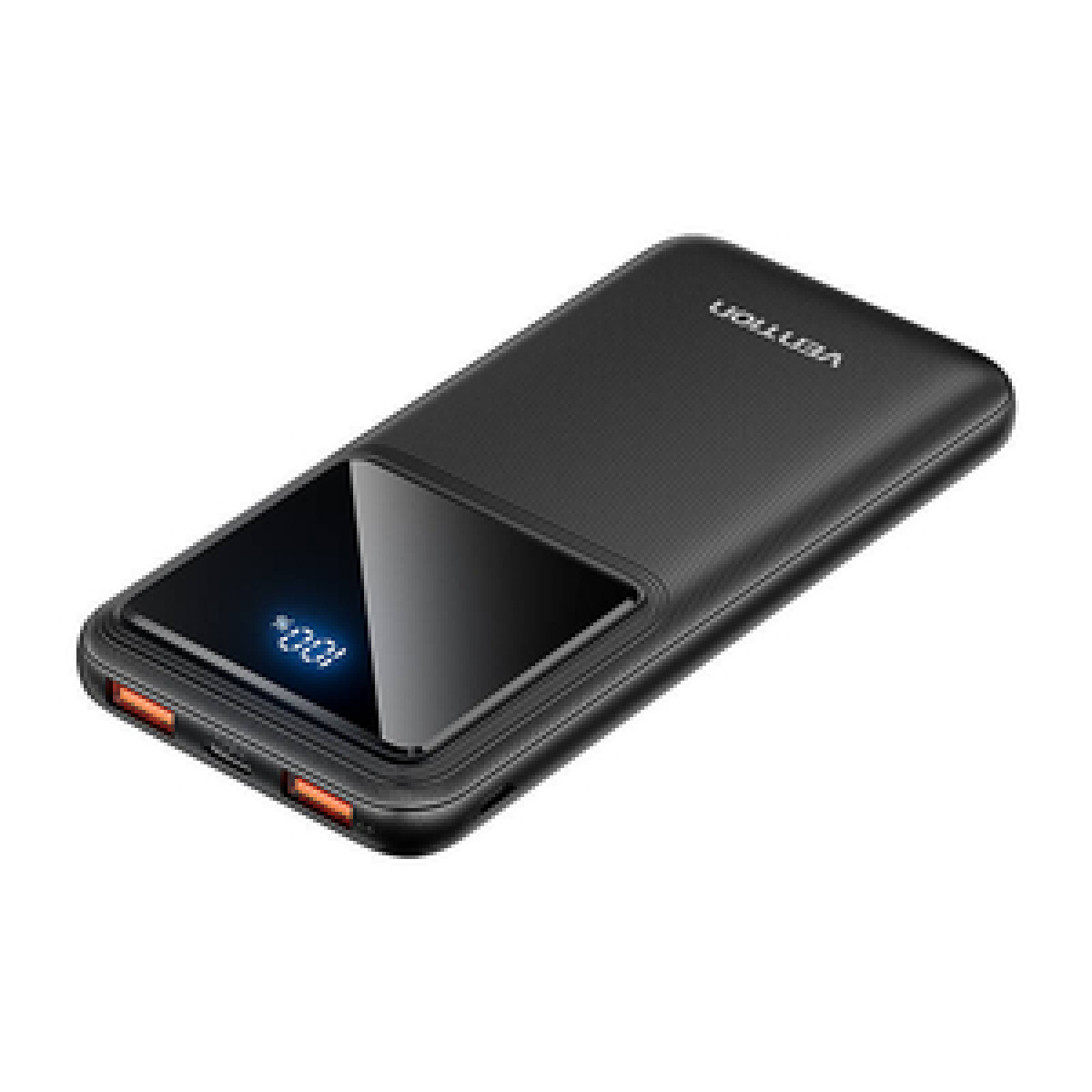 Un power bank nero con un display che mostra il livello della batteria.