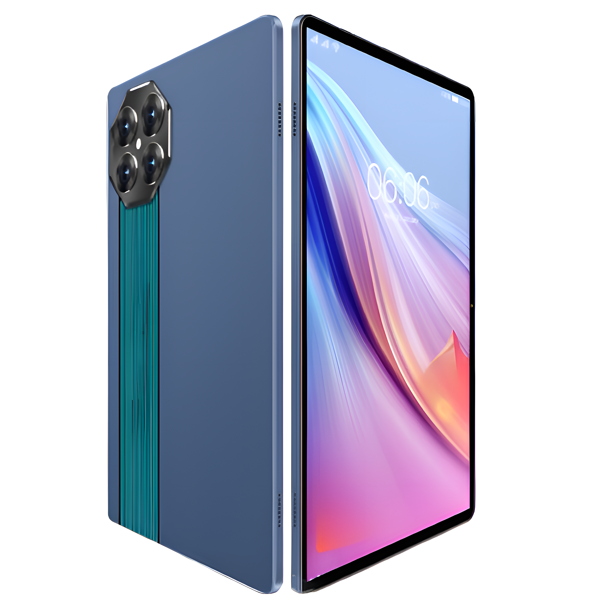 Blaues Tablet mit Kameramodul und weißem Hintergrund.