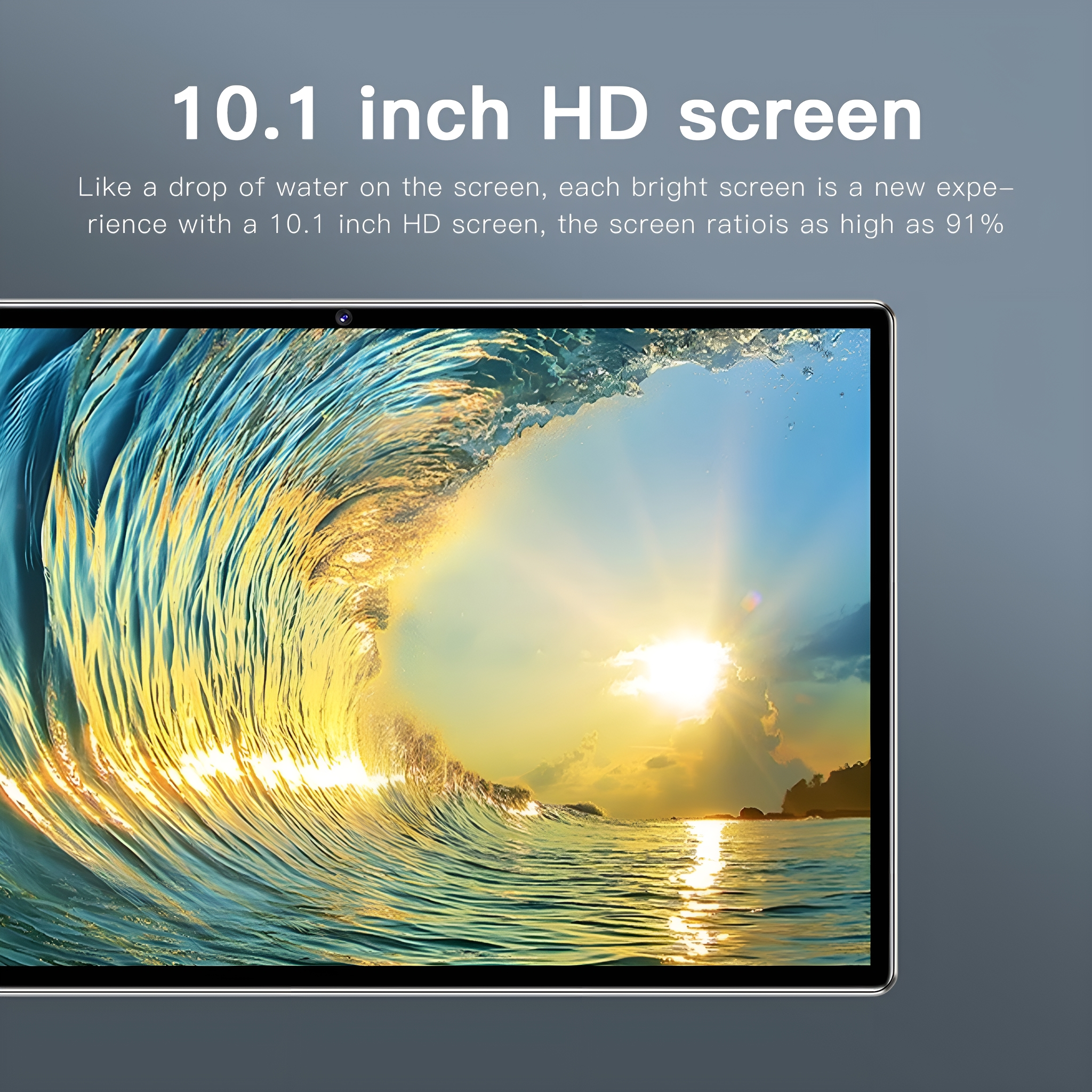 Ein Tablet-Bildschirm, der eine Welle und die Sonne zeigt. Der Text lautet: 10,1 Zoll HD-Bildschirm.