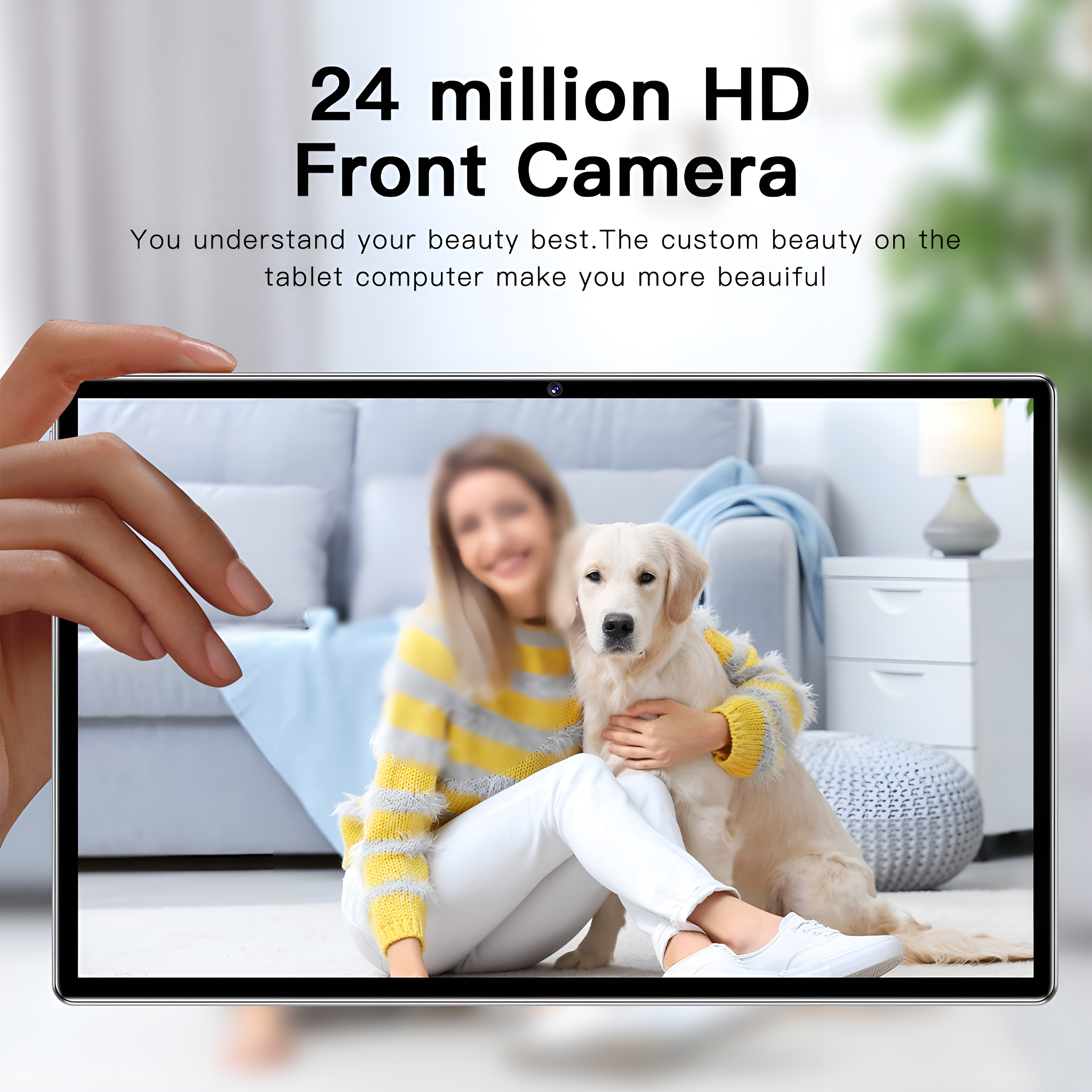Ein Tablet wird gehalten, das eine Frau mit einem Hund zeigt. Text sagt: '24 Millionen HD Frontkamera'.