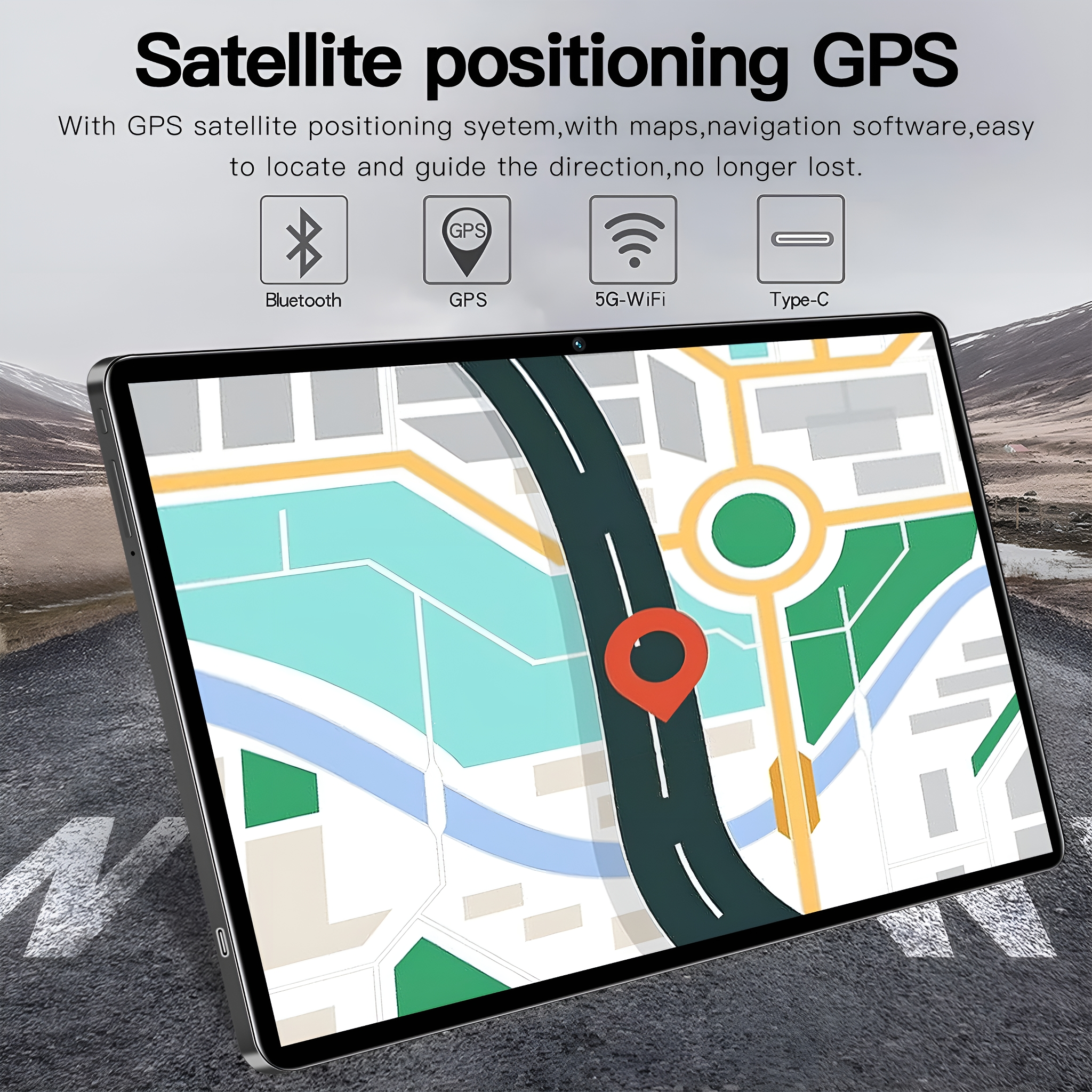 Ein Tablet zeigt eine Navigationskarte mit Symbolen für Bluetooth, GPS, Wi-Fi und Typ-C.
