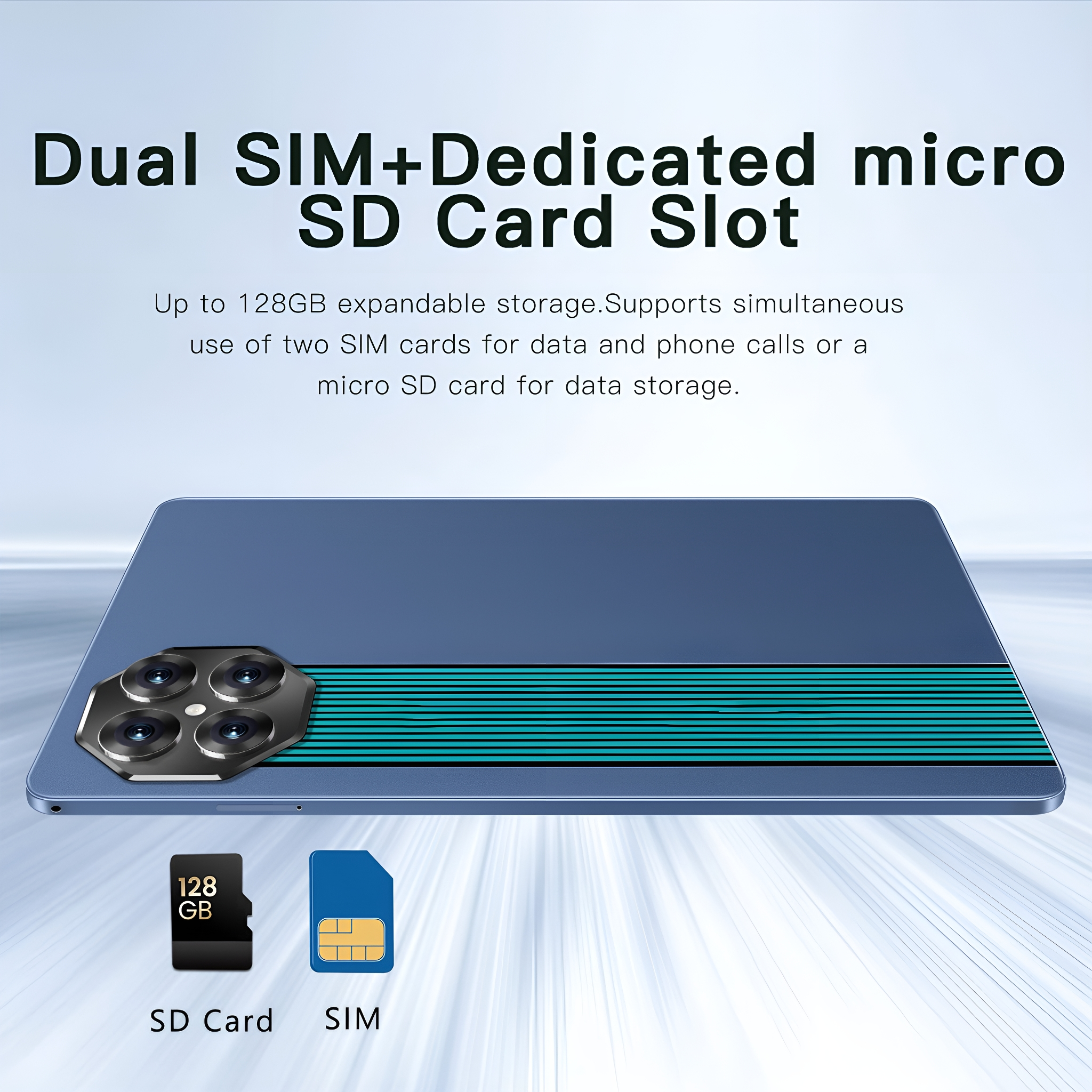 Tablet mit Text über Dual-SIM und SD-Kartensteckplatz. Enthält SD-Karte und SIM-Karten-Symbole.