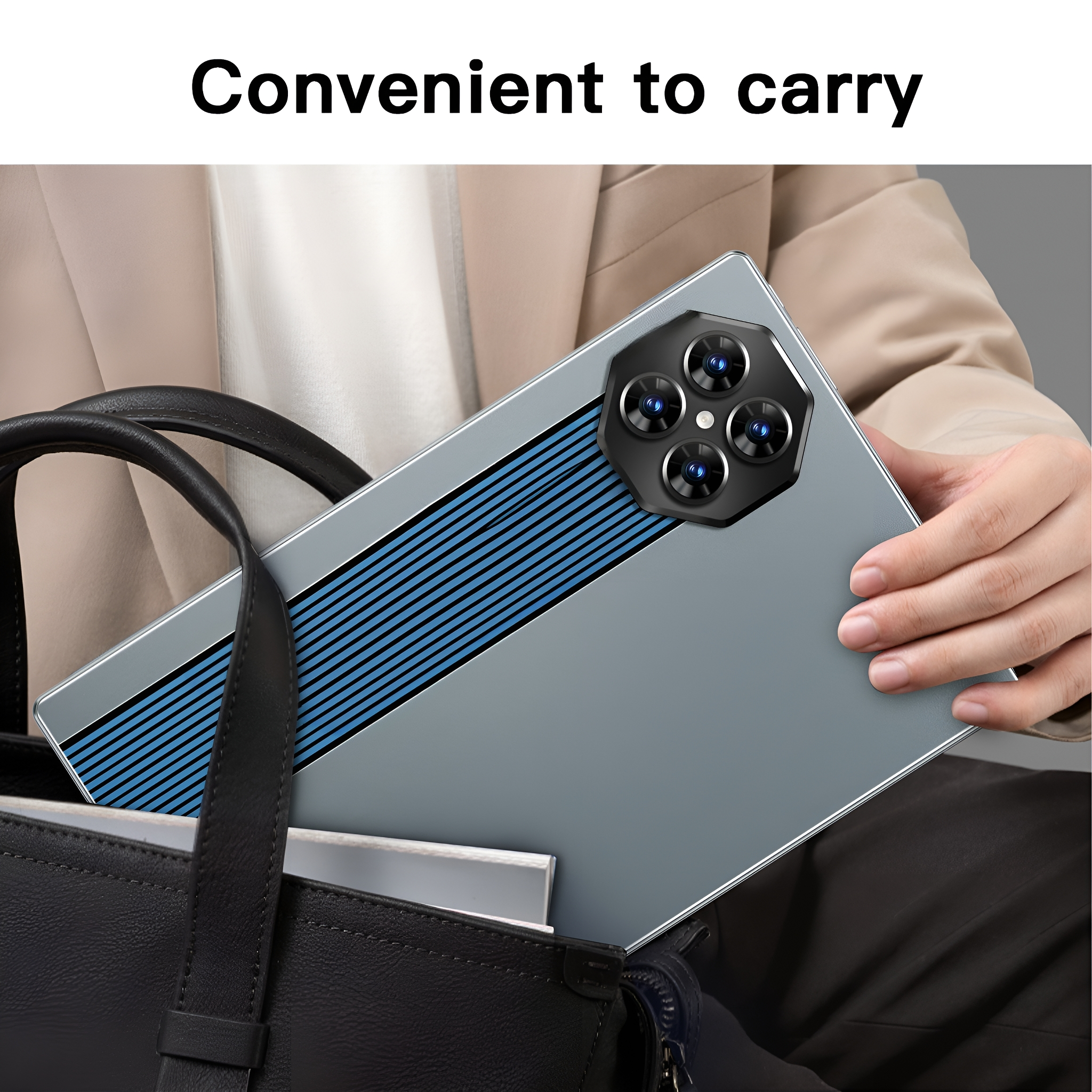 Ein Tablet-ähnliches Gerät wird in eine schwarze Tasche gesteckt. Es hat blaue Streifen und vier Kameralinsen.