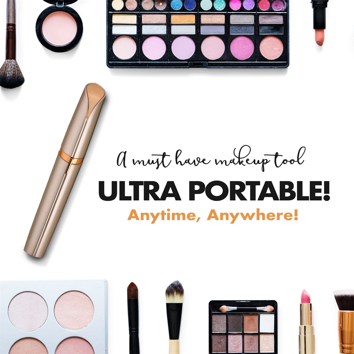 Make-up-Tools auf weißem Hintergrund. Enthält Paletten, Pinsel und einen Haarentferner. Text: Ultra tragbar!